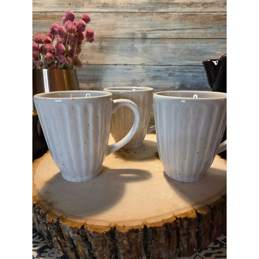Set of‎ 3 West Elm Ribbed Speckled Stoneware Mugs White Rustic Farmhouse